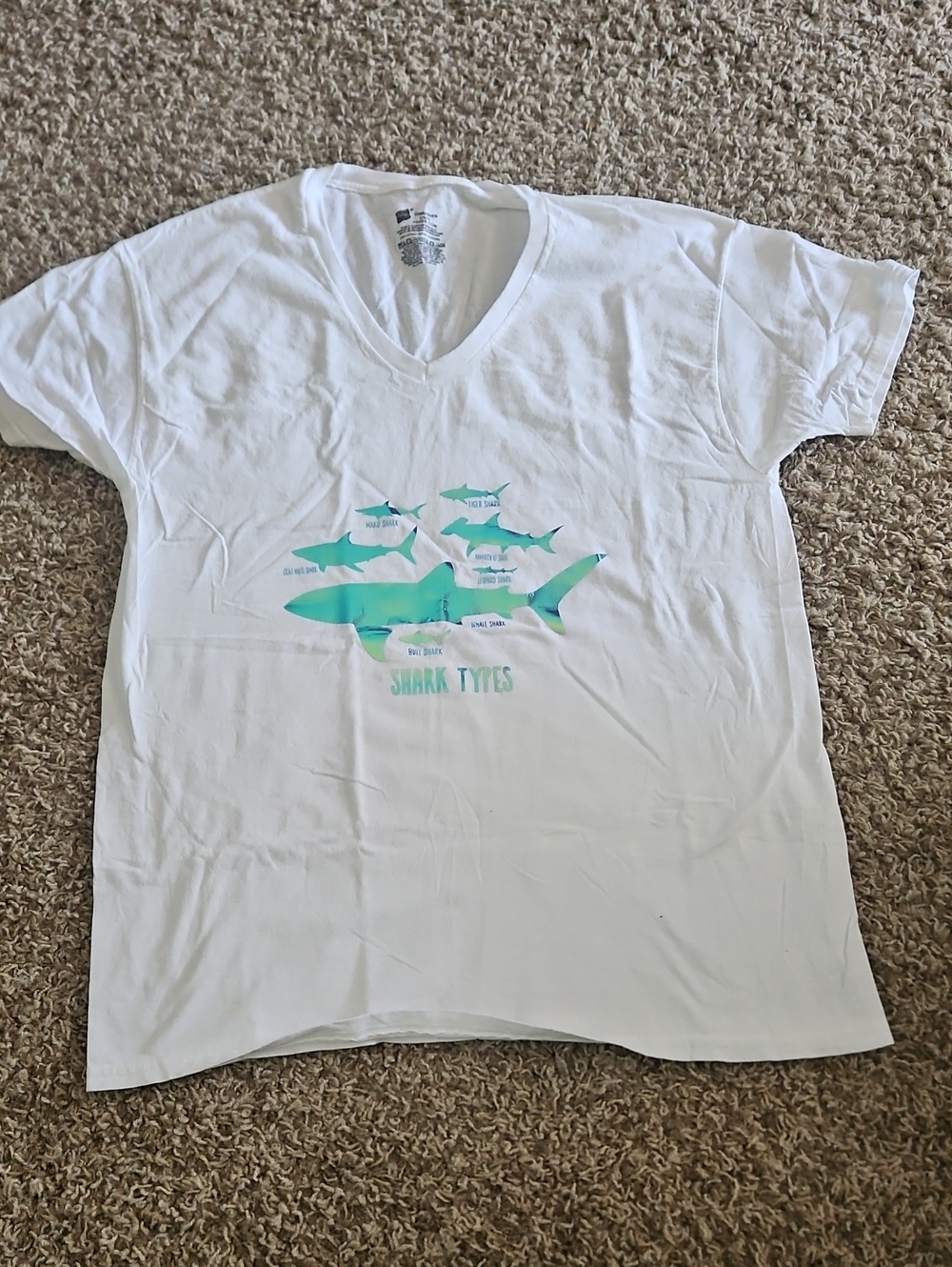 V-neck T-shirt with Teal Shark Graphic